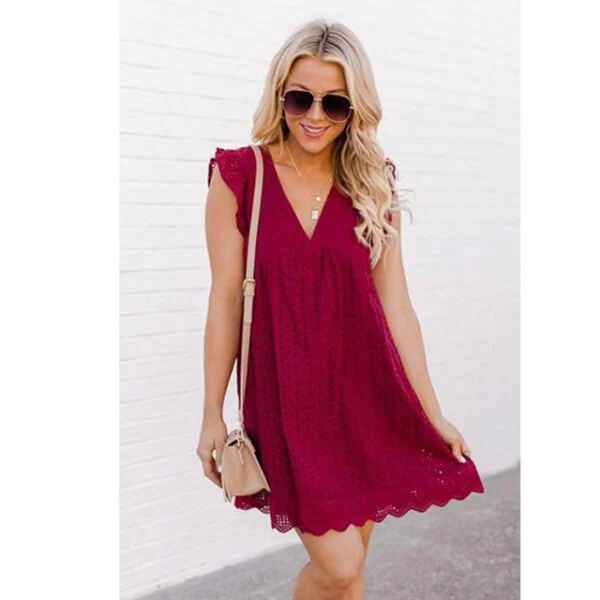 V-neck Summer Short Sleeve Lace Dress