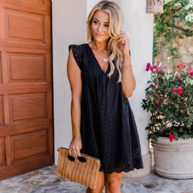 V-neck Summer Short Sleeve Lace Dress