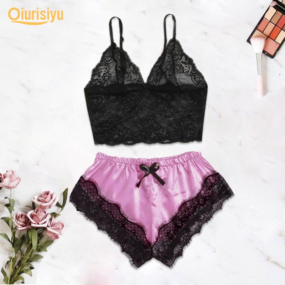 Women Sexy Lace See Through Sleepwear Set