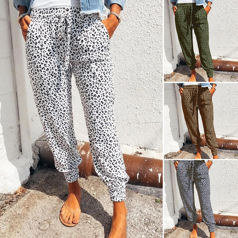 Women's Leopard Print Drawstring Casual Trousers