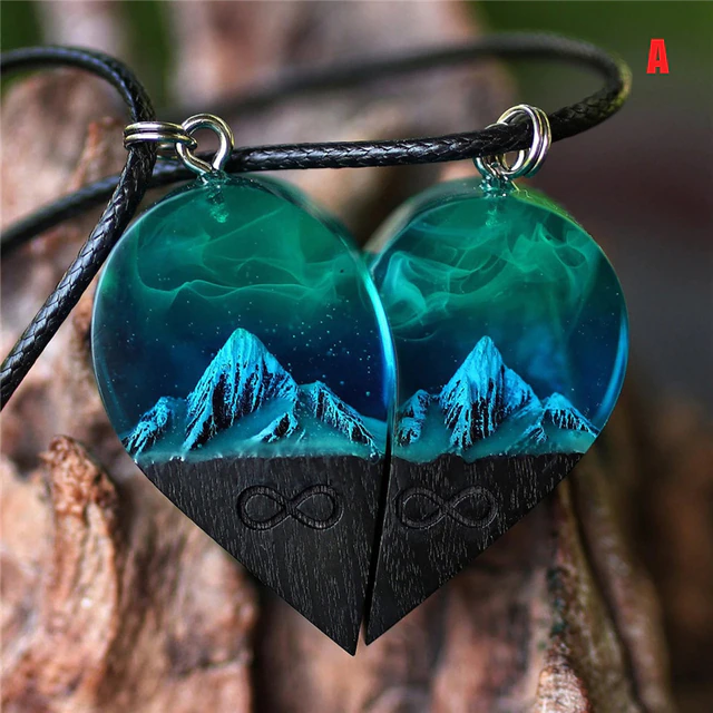 Wood Resin Paired Heart Pendants Mountains