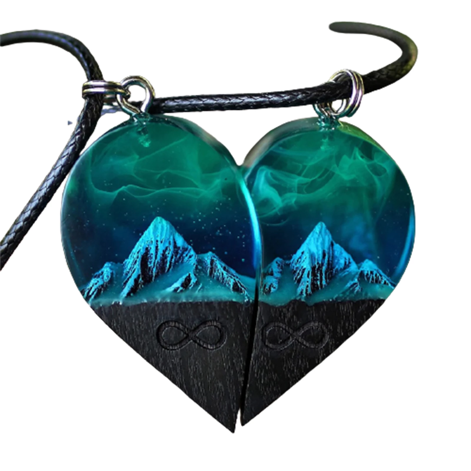 Wood Resin Paired Heart Pendants Mountains