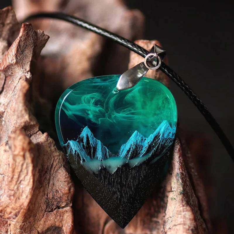 Wood Resin Paired Heart Pendants Mountains