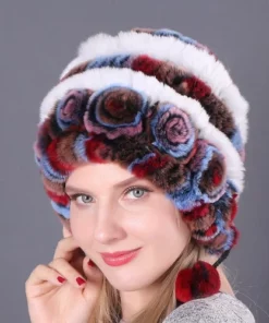 Lady Warm Flowers Striped Real Rex Rabbit Fur Hats