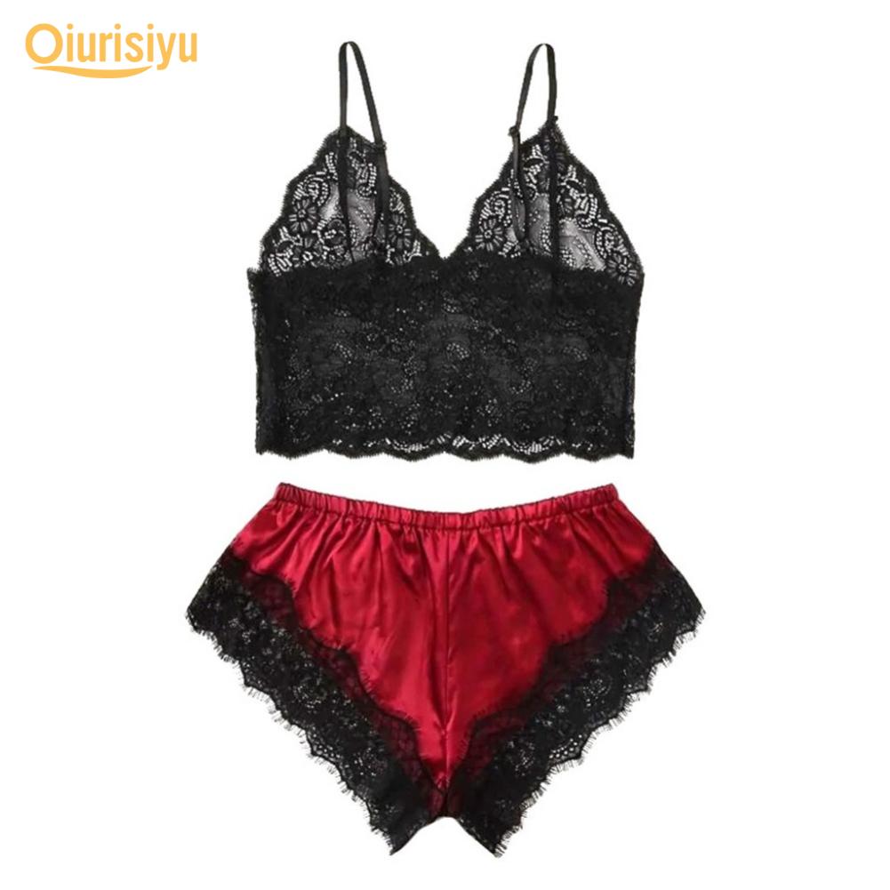 Women Sexy Lace See Through Sleepwear Set