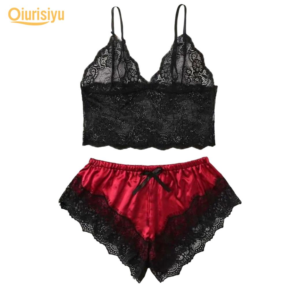 Women Sexy Lace See Through Sleepwear Set