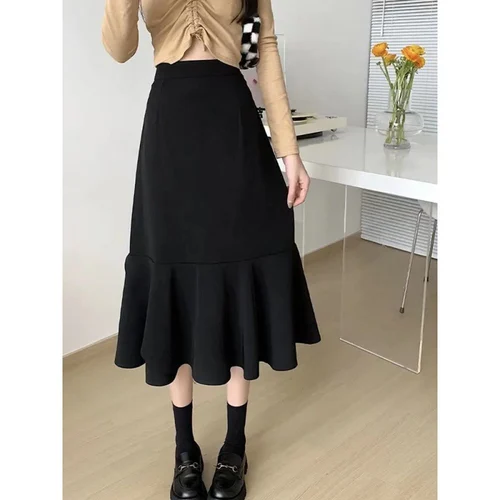 Black Mermaid Skirt  High Waist Slim  Autumn and Winter High Tube Medium Length A-Line Ruffles