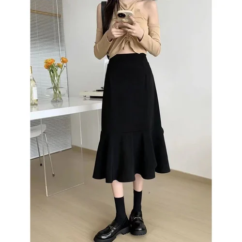 Black Mermaid Skirt  High Waist Slim  Autumn and Winter High Tube Medium Length A-Line Ruffles