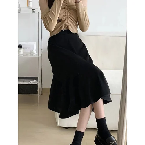 Black Mermaid Skirt  High Waist Slim  Autumn and Winter High Tube Medium Length A-Line Ruffles