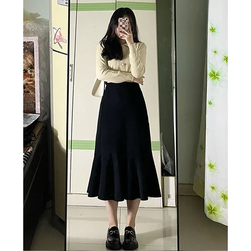 Black Mermaid Skirt  High Waist Slim  Autumn and Winter High Tube Medium Length A-Line Ruffles