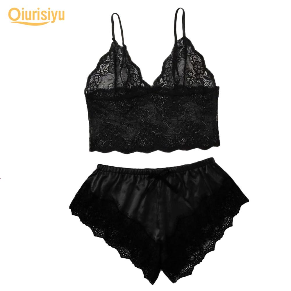 Women Sexy Lace See Through Sleepwear Set