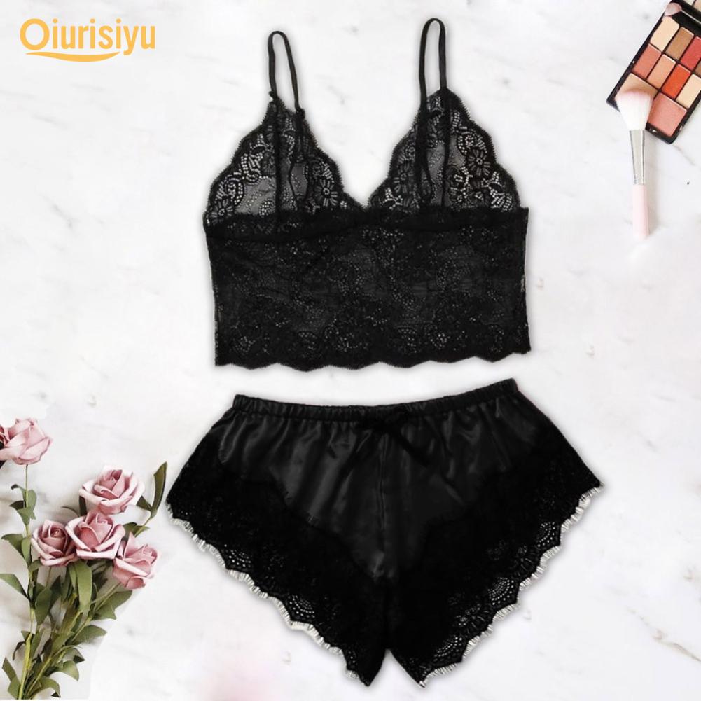 Women Sexy Lace See Through Sleepwear Set