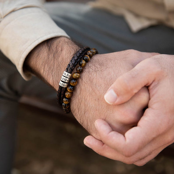 Men Braided Leather Bracelet with Small Custom Beads