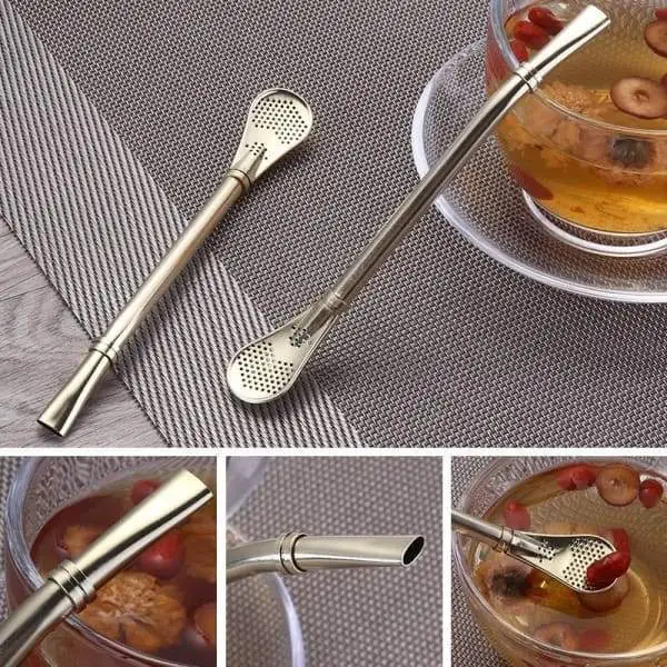 Stainless Steel Stirring Spoon With Filter Straw